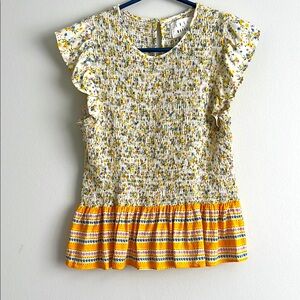Lost + Wander Yellow and Off-White Floral Blouse with Ruffled Cap Sleeves